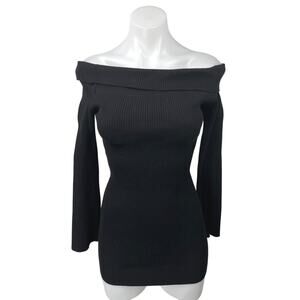 Tiger Mist Black Rib Knit Off Shoulder Long Sleeve Mini Bodycon Sweater Dress S